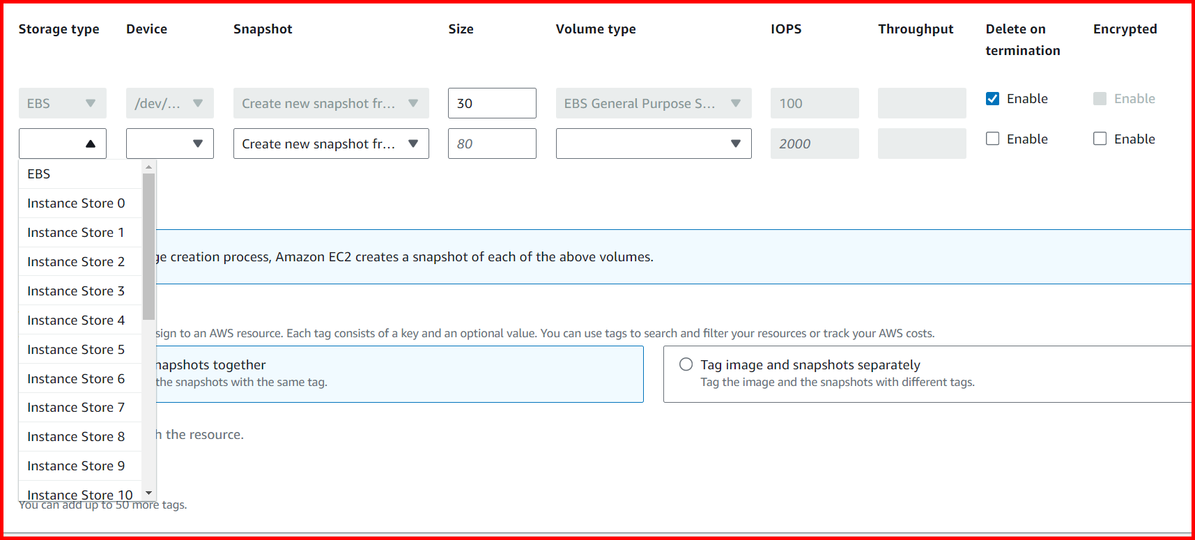 Picture showing selecting the instance store while selecting the volume type